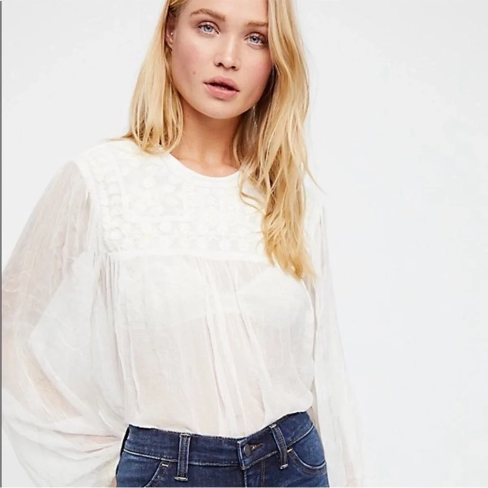 FREE PEOPLE RETRO FEMME  BLOUSE EMBELLISHED SHEER TASSELS